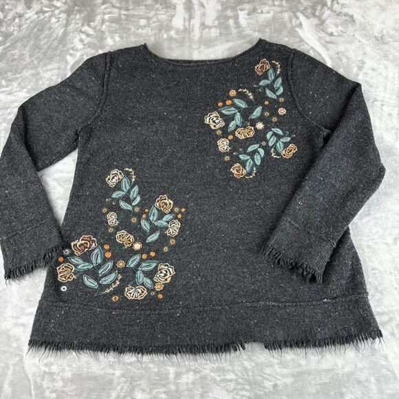 Style & Co Embroidered Fringed Sweater Women's PL Gray Blue Tan Boat Neck (0768) - Picture 1 of 10